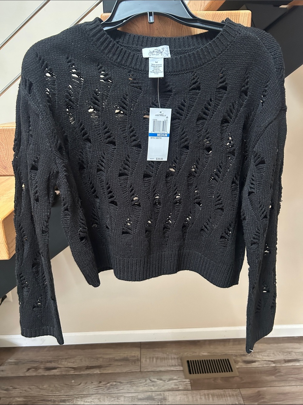 Just Polly New York Openwork Crewneck Sweater - Black